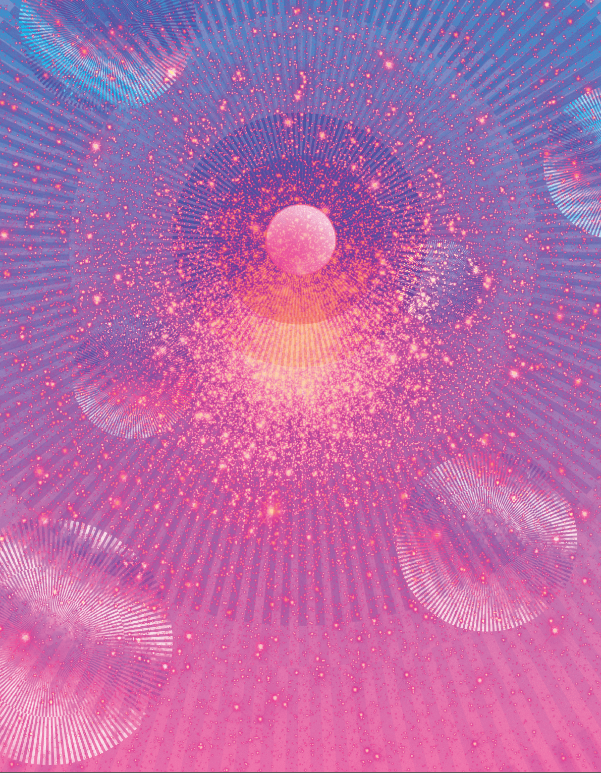 An abstract image of bubbles and dots and rays of sunshine in a blue and pink color palette