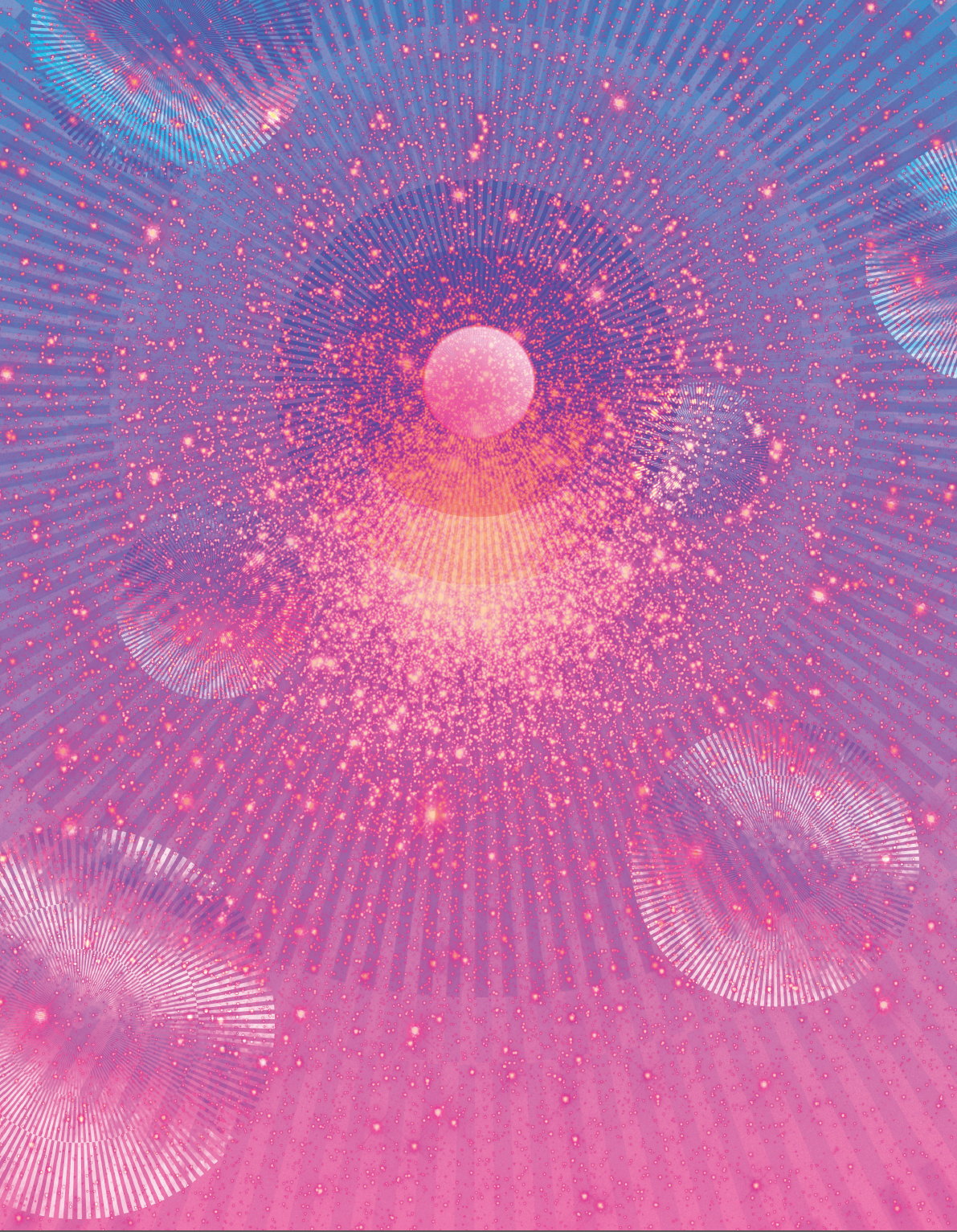 An abstract image of bubbles and dots and rays of sunshine in a blue and pink color palette
