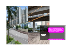 Screenshot of webzine: two side-by-side portrait-orientation images of cityscapes, overlapped by a rectangle containing a recreated text message conversation, all against a white background.