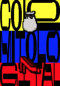 The background is the Colombian Flag with the Words "Colo-Mitolo-Gital" spanning each stripe. In the foreground is a floating back and a pair of red heels. In the top right, there is two buttons